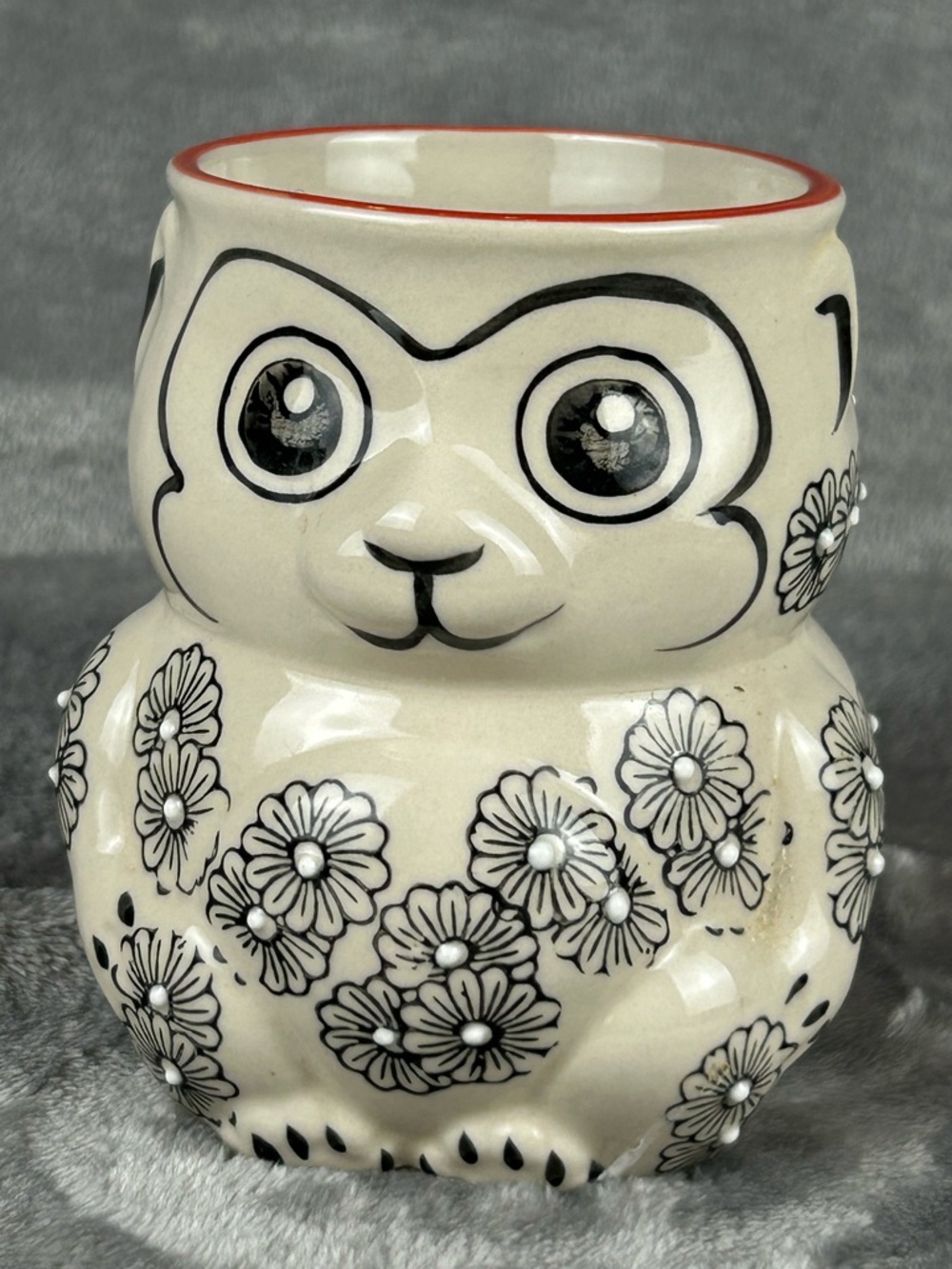 Yokohama‎ Studio Hand Painted Monkey Mug 3D Blue Cream Red Handle 16 oz EUC